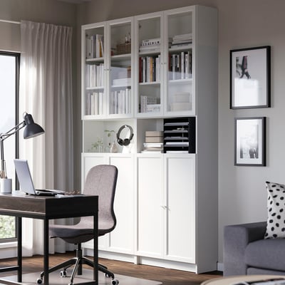 BILLY bookcase with glass doors in modern home office