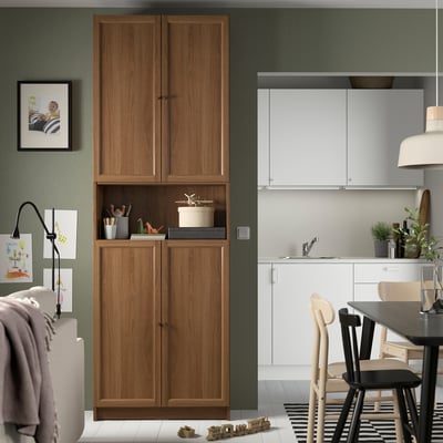 BILLY / OXBERG Bookcase w doors/extension unit, brown walnut effect, 31 1/2x11 3/4x93 1/4 "