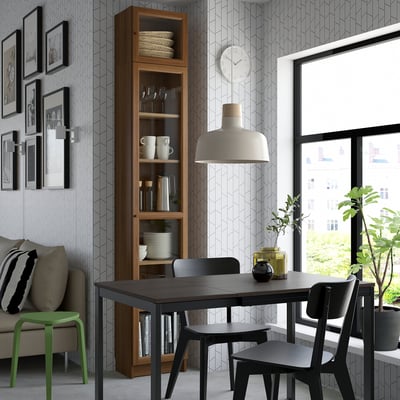 BILLY / OXBERG Bookcase w glass doors/ext unit, brown walnut effect, 15 3/4x11 3/4x93 1/4 "