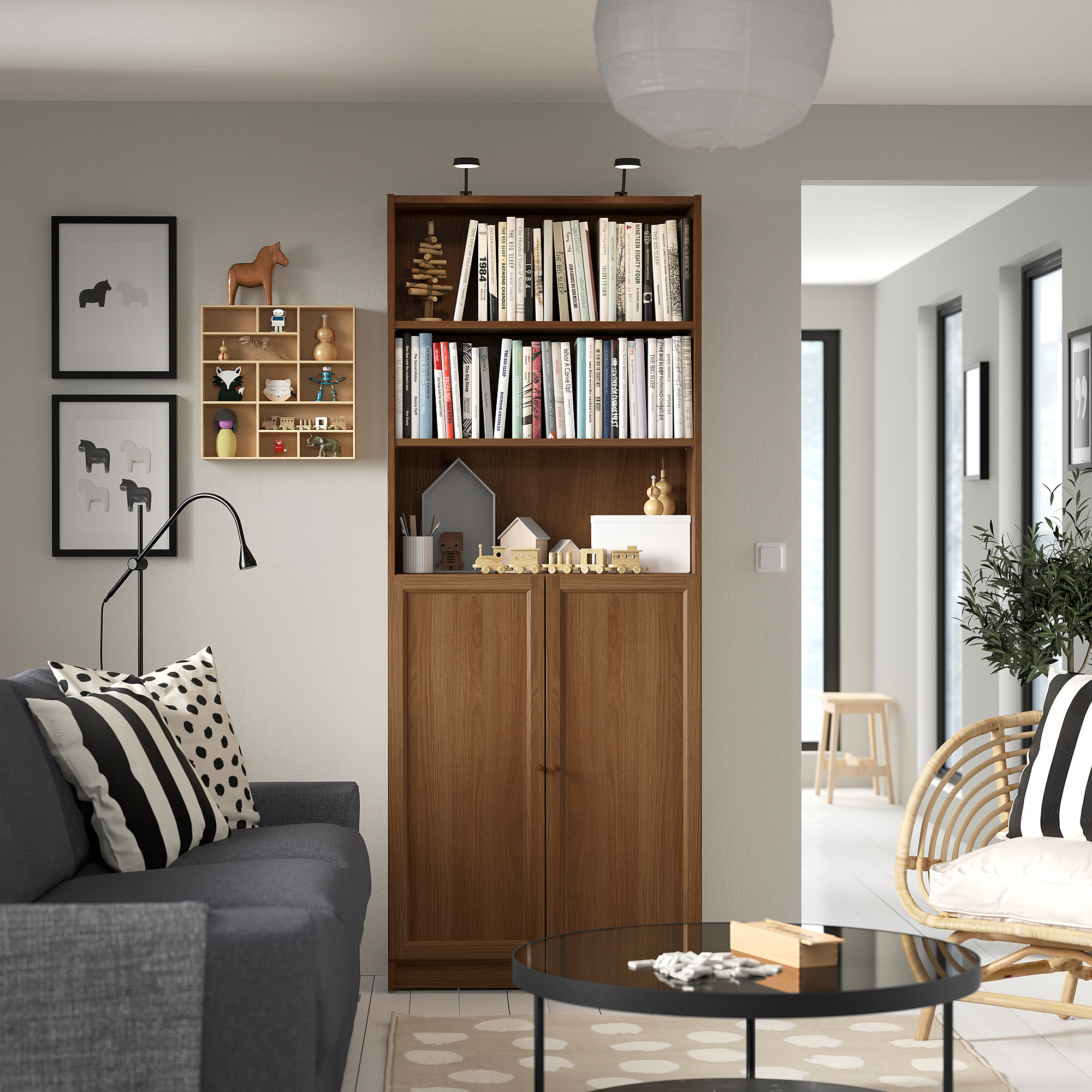 BILLY / OXBERG Bookcase with doors, brown walnut effect, 31 1/2x11 3/4x79 1/2 "