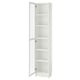 A tall, white BILLY bookcase with glass doors, adjustable shelves, and hinges.