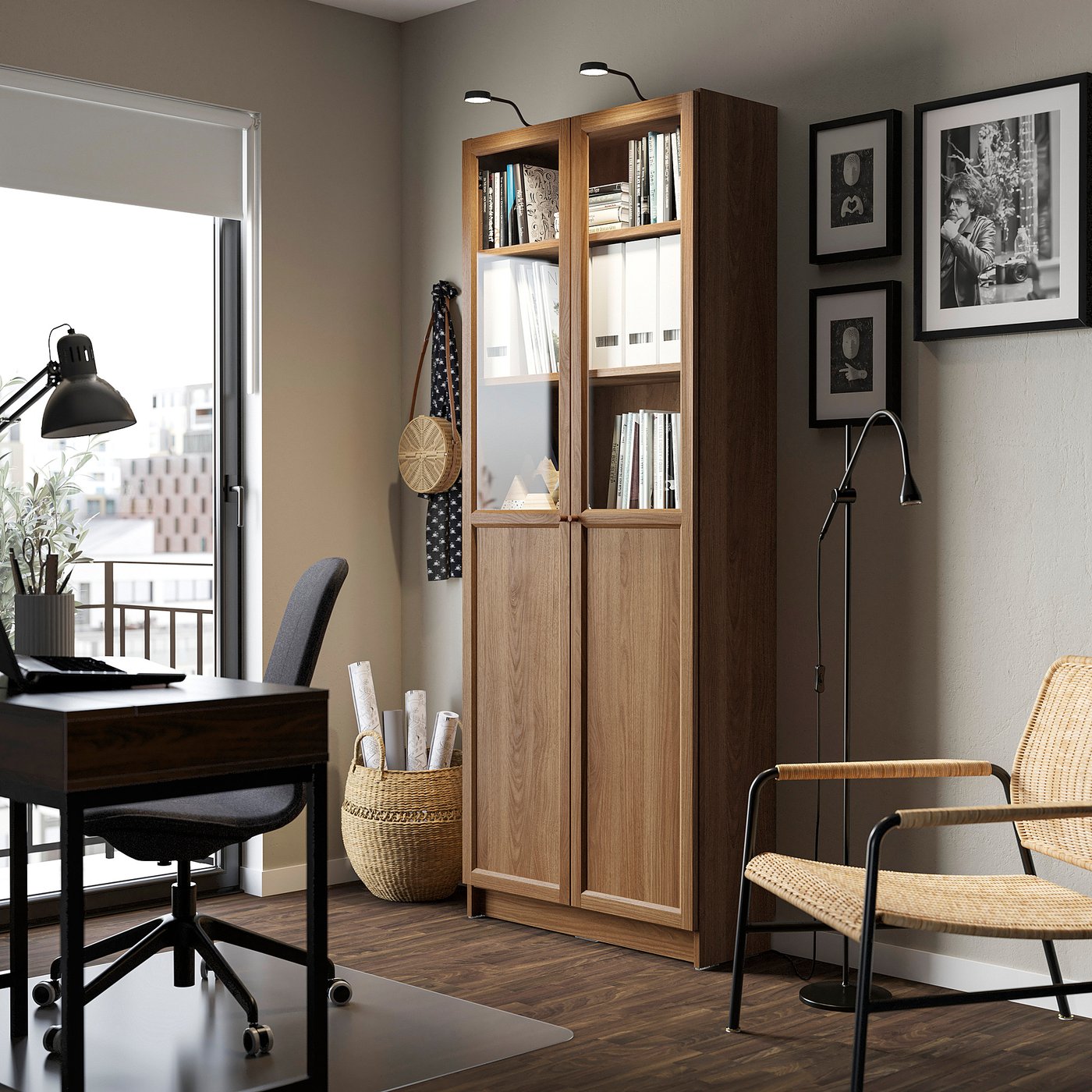 BILLY / OXBERG bookcase with panel/glass doors, brown walnut