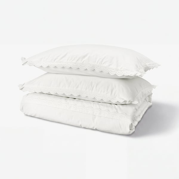 A white BIRGITTARÖNN duvet cover set with lace trims and a fabric tie closure, made of 100% cotton.