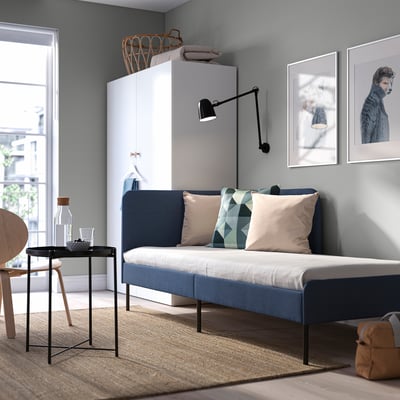 BLÅKULLEN Uph bed frame with corner headboard, Knisa medium blue, Twin