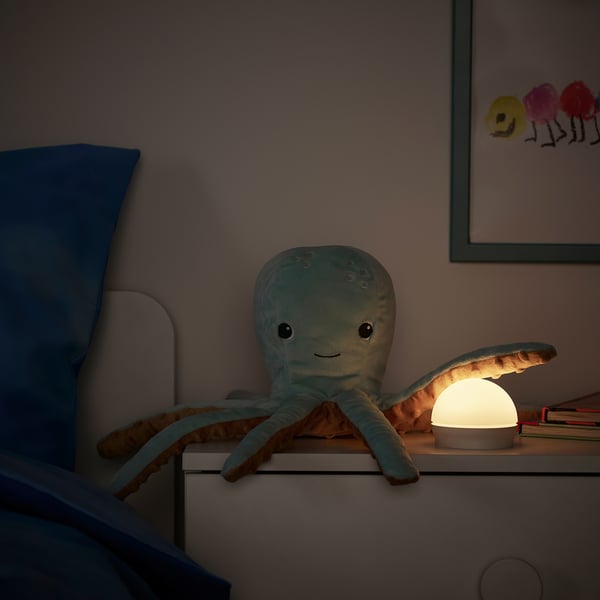 BLÅVINGAD Soft toy with LED nightlight, turquoise octopus/battery operated