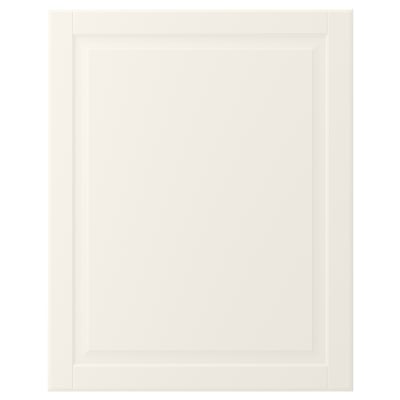 A cream-colored, rectangular cabinet door with a bevelled panel design. It is made from fiberboard and lacquered for easy cleaning.