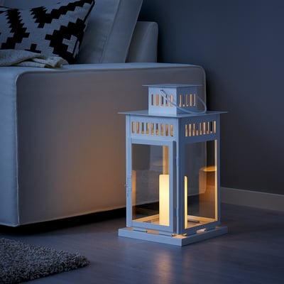 BORRBY Lantern for block candle, indoor/outdoor white, 17 ¼ "