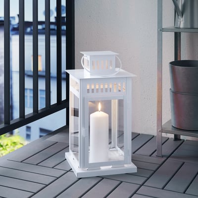 BORRBY white metal lantern, traditional shape with glass panel, suitable indoor/outdoor use.