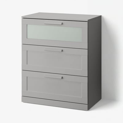 BRIMNES 3-drawer chest, gray/frosted glass, 30 3/4x18 1/8x37 3/8 "
