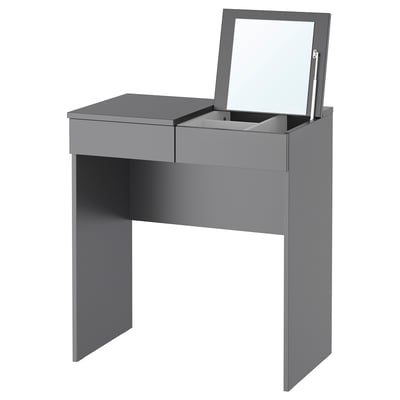 BRIMNES vanity in dark grey with mirror, drawers, and hidden compartment.