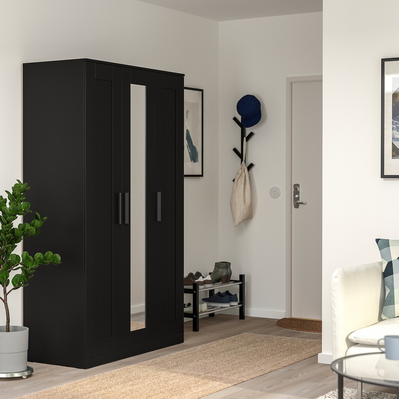 BRIMNES wardrobe with 3 doors, black, 117x190 cm (46x743/4