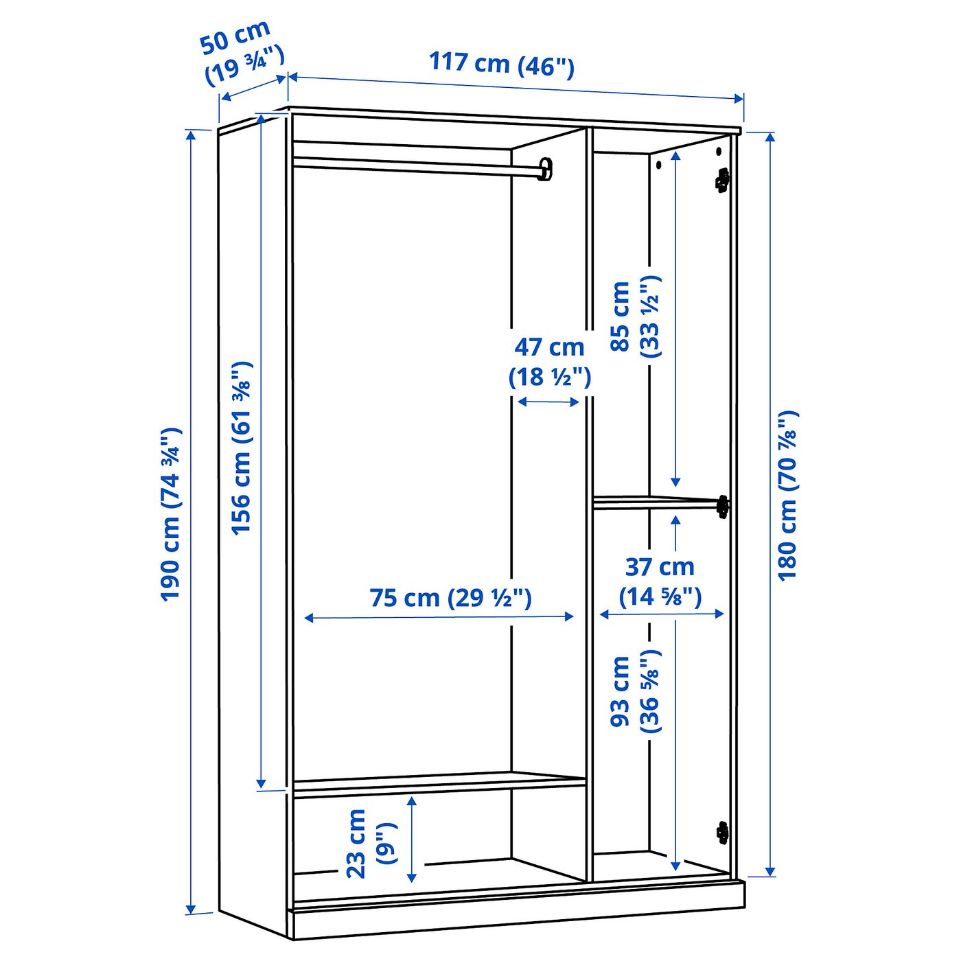 BRIMNES wardrobe with 3 doors, white, 117x190 cm (46x743/4