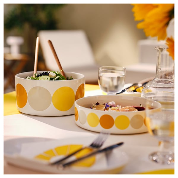 BRÖGGAN Bowl, dot pattern white/yellow, 8 "