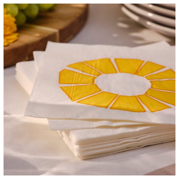 BRÖGGAN Paper napkin, white/yellow, 13x13 "