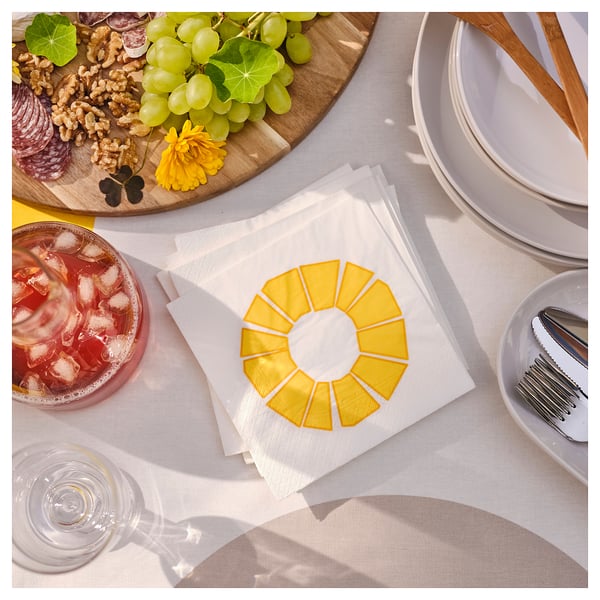 BRÖGGAN Paper napkin, white/yellow, 13x13 "