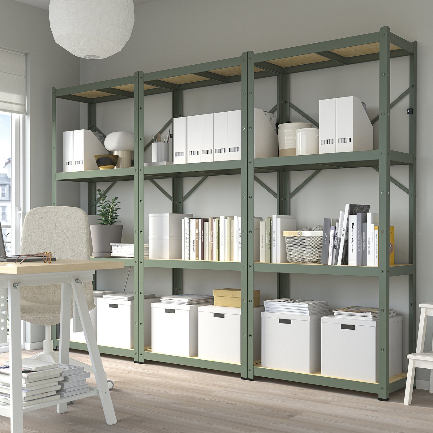 BROR shelving unit, gray-green/pine plywood, 254x40x190 cm