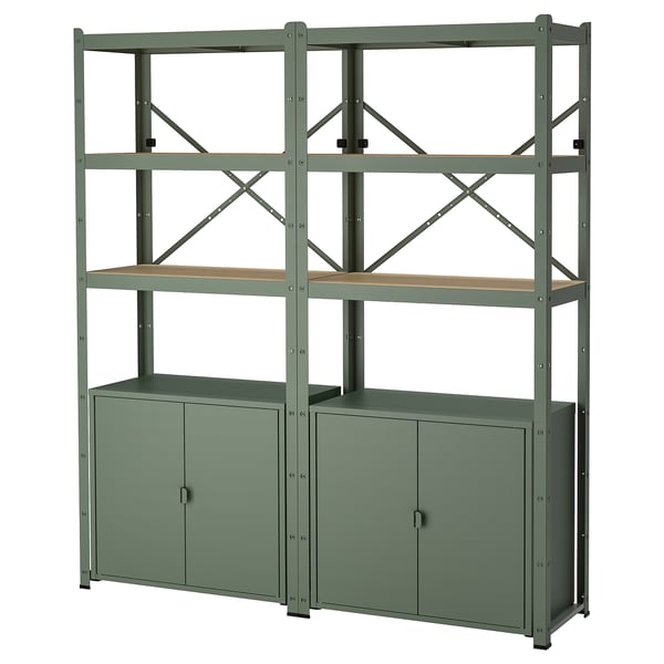 BROR Shelving unit with cabinets, gray-green/pine plywood, 66 7/8x15 3/4x74 3/4 "