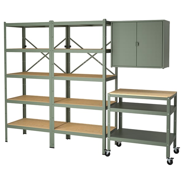 BROR Storage unit with cabinet + cart, gray-green/pine plywood