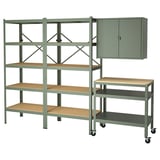 BROR Storage unit with cabinet + cart, gray-green/pine plywood