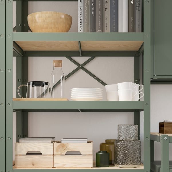 BROR Storage unit with cabinet + cart, gray-green/pine plywood