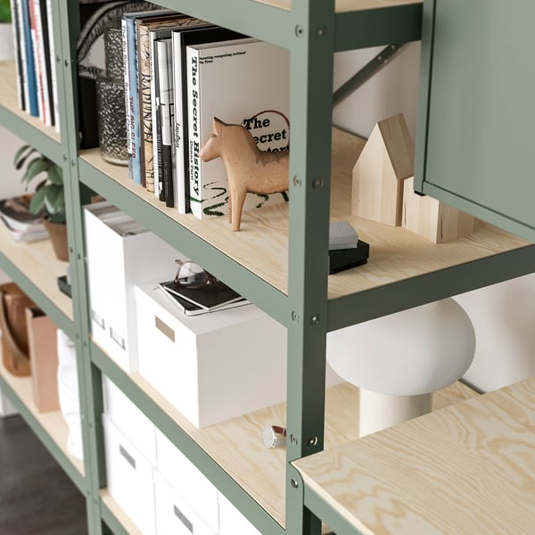 BROR Storage unit with cabinet + cart, gray-green/pine plywood