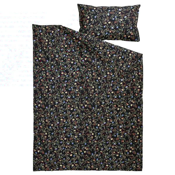 BRUDKRUSBÄR Duvet cover and pillowcase(s), black multicolor/floral pattern, Twin