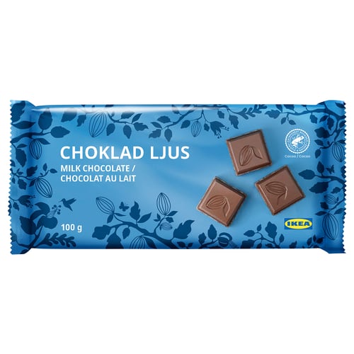 Blue milk chocolate wrapper by IKEA, featuring three chocolate pieces, labelled CHOKLAD LJUS and milk chocolate, weighing 100g.