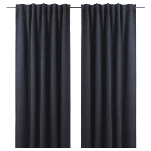Recycled polyester block-out curtains, side by side, with heading tape.