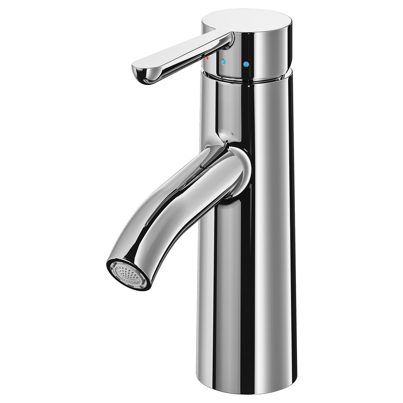 A chrome-finished DALSKÄR tap, featuring a sleek and modern design with a long curved spout and a lever handle on top.