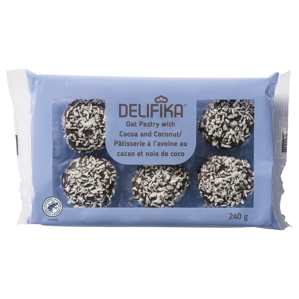 DELIFIKA brand pastry bag with oat, cocoa, and coconut treats, 240g.