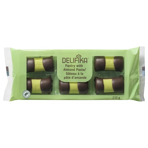 DELIFIKA: green package with seven chocolate-covered almond pastries, weighing 210g.