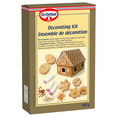 Dr. Oetker decorating kit box with icing and sprinkles, for baking.