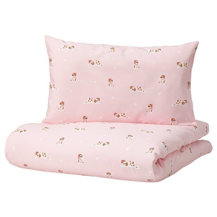 DRÖMSLOTT duvet cover 1 pillowcase for crib, puppy pattern/pink