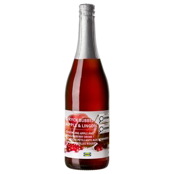 Bottle of ikea sparkling apple & lingonberry drink, red, labeled, 750ml.