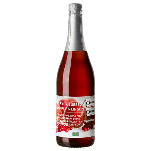 Bottle of ikea sparkling apple & lingonberry drink, red, labeled, 750ml.