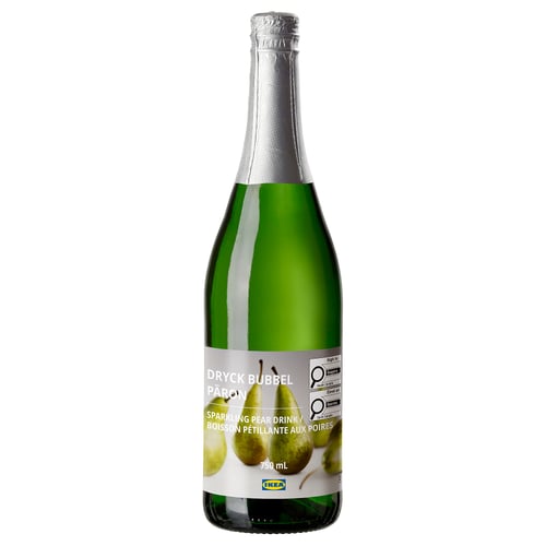 Green pear sparkling drink bottle by IKEA, labelled with pears and silver cap.