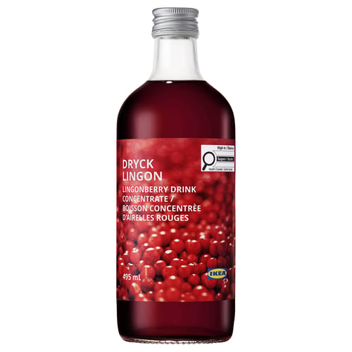 A red lingonberry drink bottle by IKEA, labelled DRYCK LINGON, standing upright.