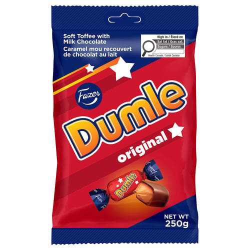Bag of DUMLE original candy; red and blue packaging.