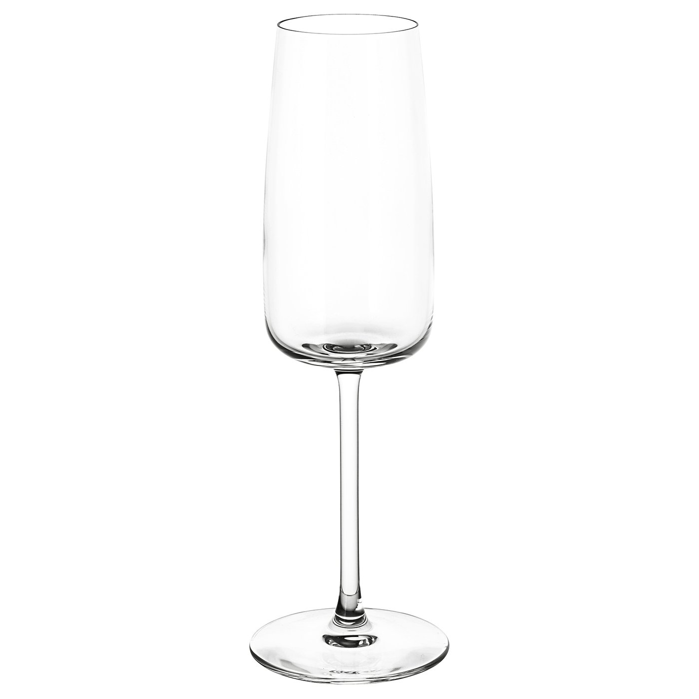 Clear, tall, slender champagne glass; elegant design, shiny finish.