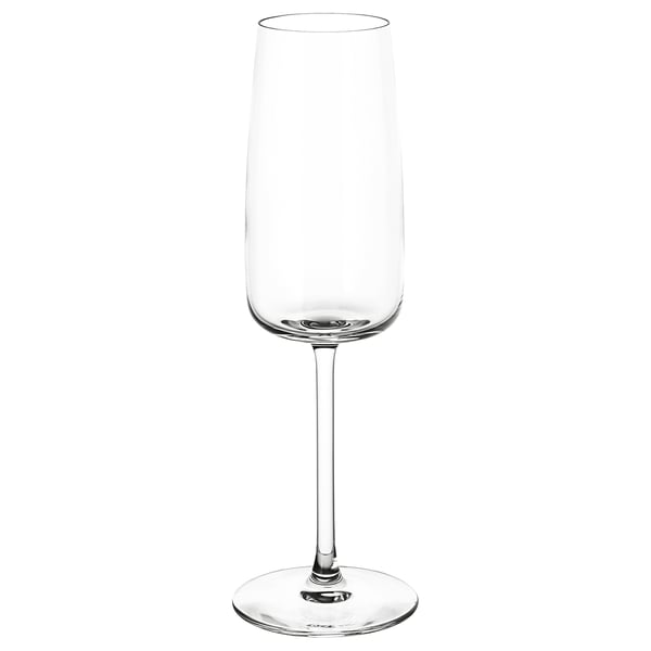 Clear, tall, slender champagne glass; elegant design, shiny finish.