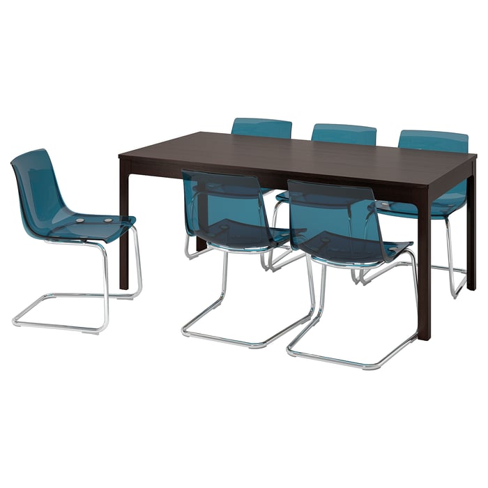 EKEDALEN / TOBIAS table and 6 chairs, dark brown/blue, 180/240 cm (707