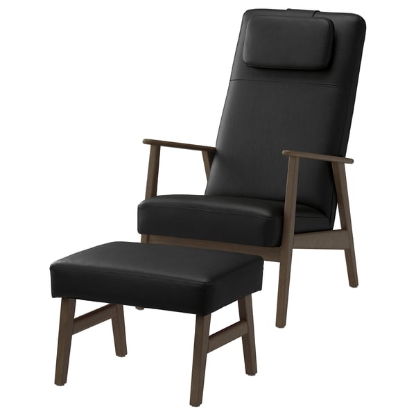 Black leather high-back armchair & ottoman, wooden frame, 1950s scandinavian design.