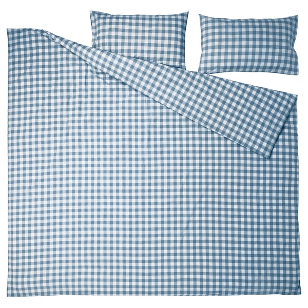 EKTANDVINGE Duvet cover and pillowcase(s), dark blue white/check, Full/Queen (Double/Queen)