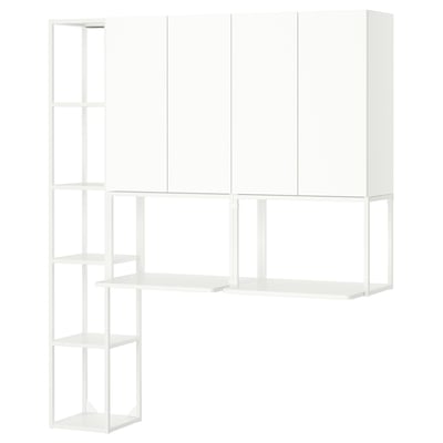 An ENHET white wall-mounted storage unit with open and closed shelves for laundry room organisation.