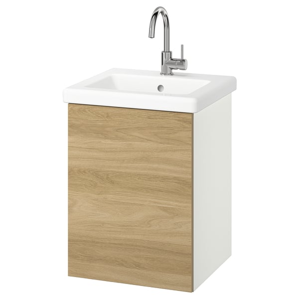 ENHET / TVÄLLEN Vanity w/ door/sink/faucet, white/oak effect, 19 5/8x19 1/8x26 "