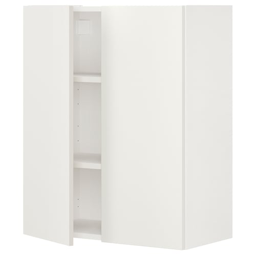 An ikea ENHET wall cabinet in white. It has a rectangular shape with two doors and built-in shelves for storage.