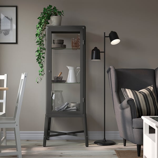 FABRIKÖR Glass-door cabinet, dark gray, 22 1/2x59 "