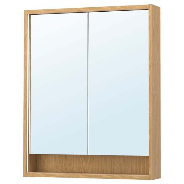 FAXÄLVEN Mirror cabinet w built-in lighting, oak effect, 30x6x37 "