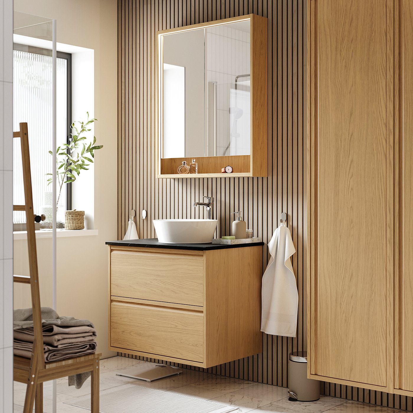 FAXÄLVEN mirror cabinet w built-in lighting, oak effect, 76.2x15