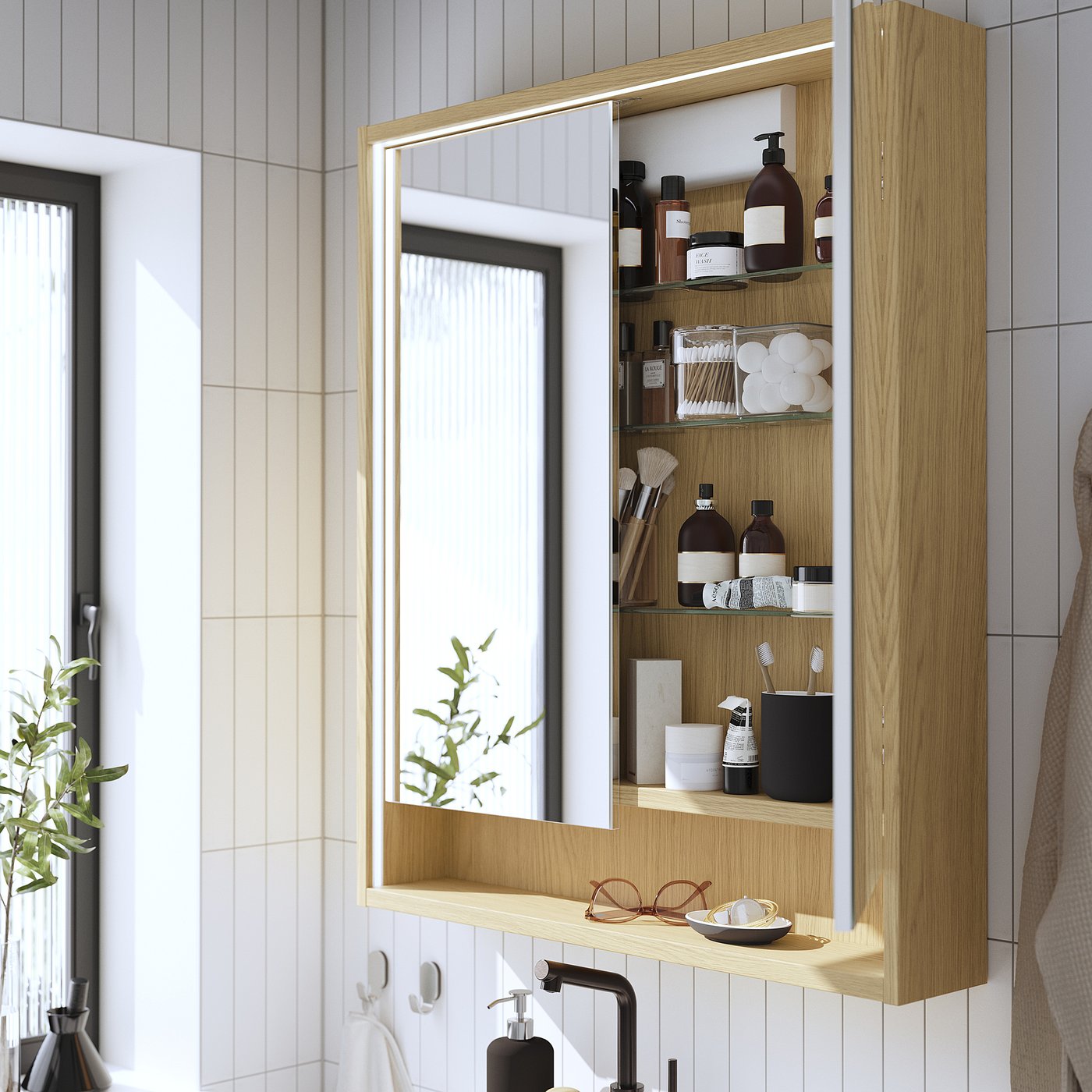 FAXÄLVEN mirror cabinet w built-in lighting, oak effect, 76.2x15